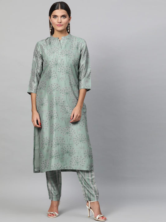 Women Sea Green Self Design Kurti with Trousers