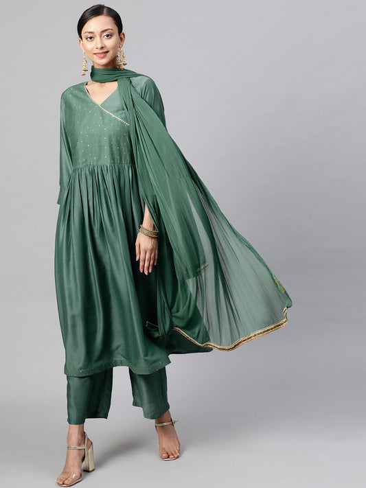 Women Green Printed Kurta with Trousers Dupatta