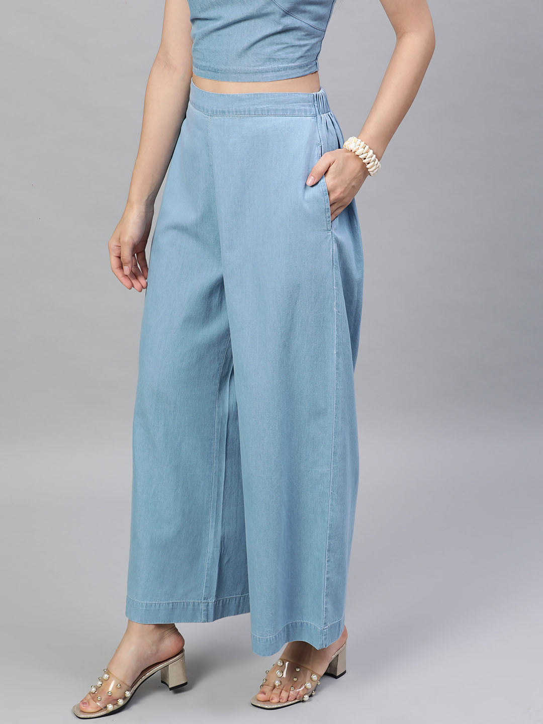 Women Blue Smart Flared Solid Pure Cotton Denim Parallel Trousers