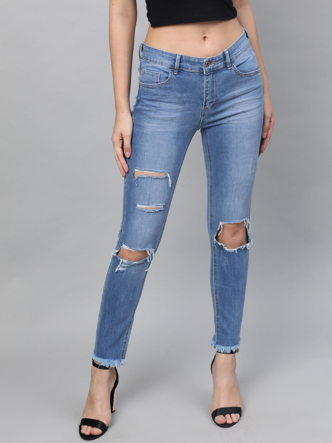 Stylish denim black skinny fit Midrise Knee cut jeans for men | gintaa.com