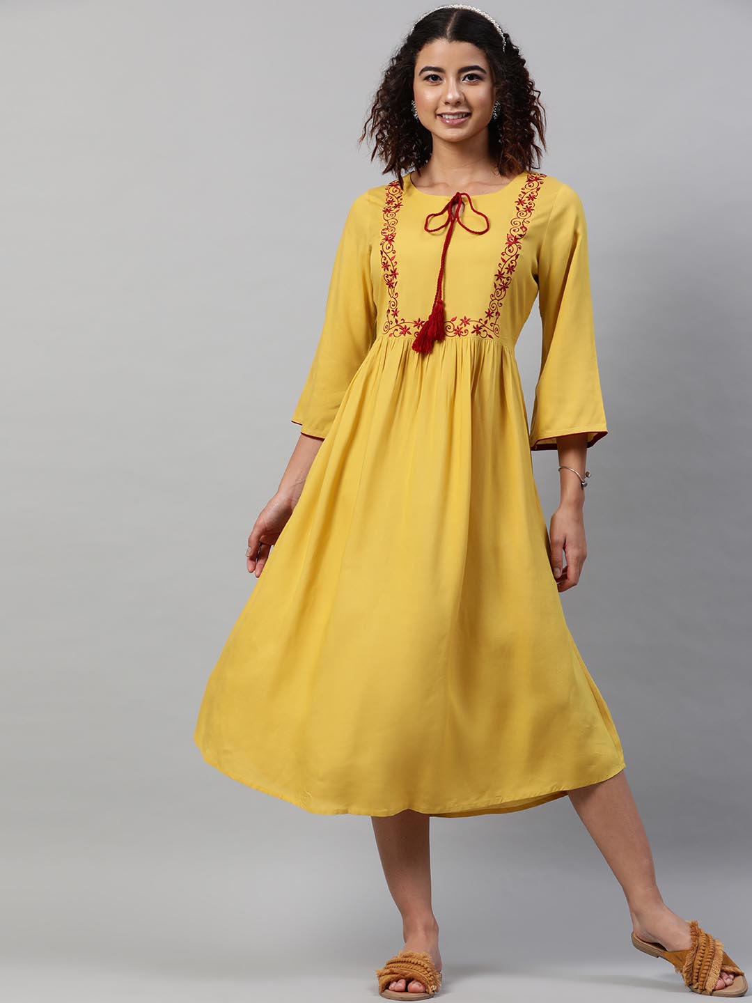 Mustard Yellow Red Tie-Up Neck A-Line Midi Dress STREET NINE FASHIONS Mustard Yellow Red Tie-Up Neck A-Line Midi Dress STREET NINE FASHIONS
