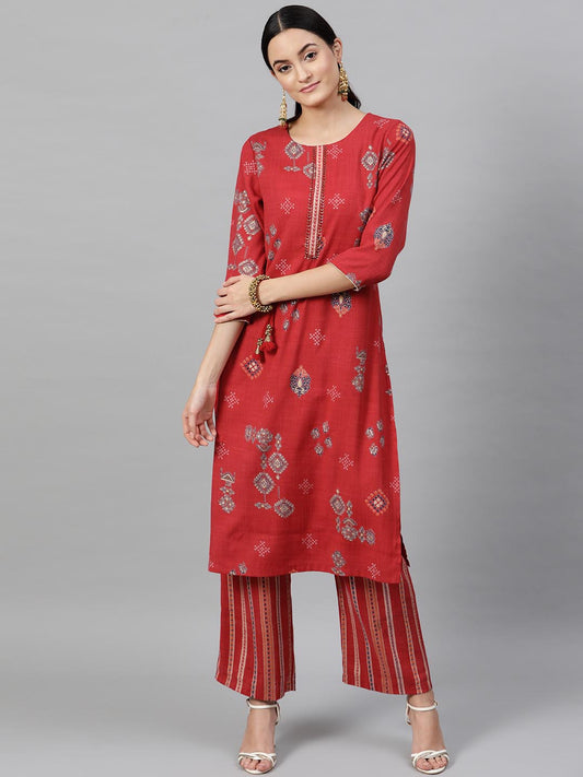 Women Red Printed Kurta with Palazzos