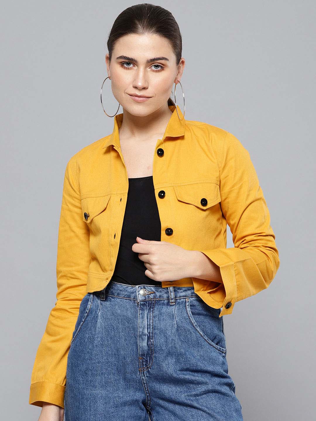 Buy Women's Denim Jacket Solid Color Long Sleeve Jean Coat High Waist  Button Down Trucker Outerwear with Pockets, Yellow, XX-Large at Amazon.in