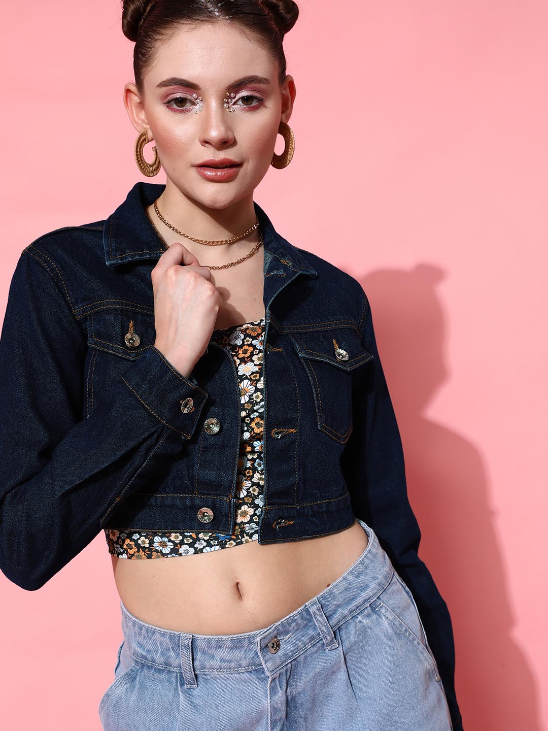 Buy online Light Blue Solid Cropped Denim Jacket from jackets and blazers  and coats for Women by Fck-3 for ₹1399 at 53% off | 2024 Limeroad.com