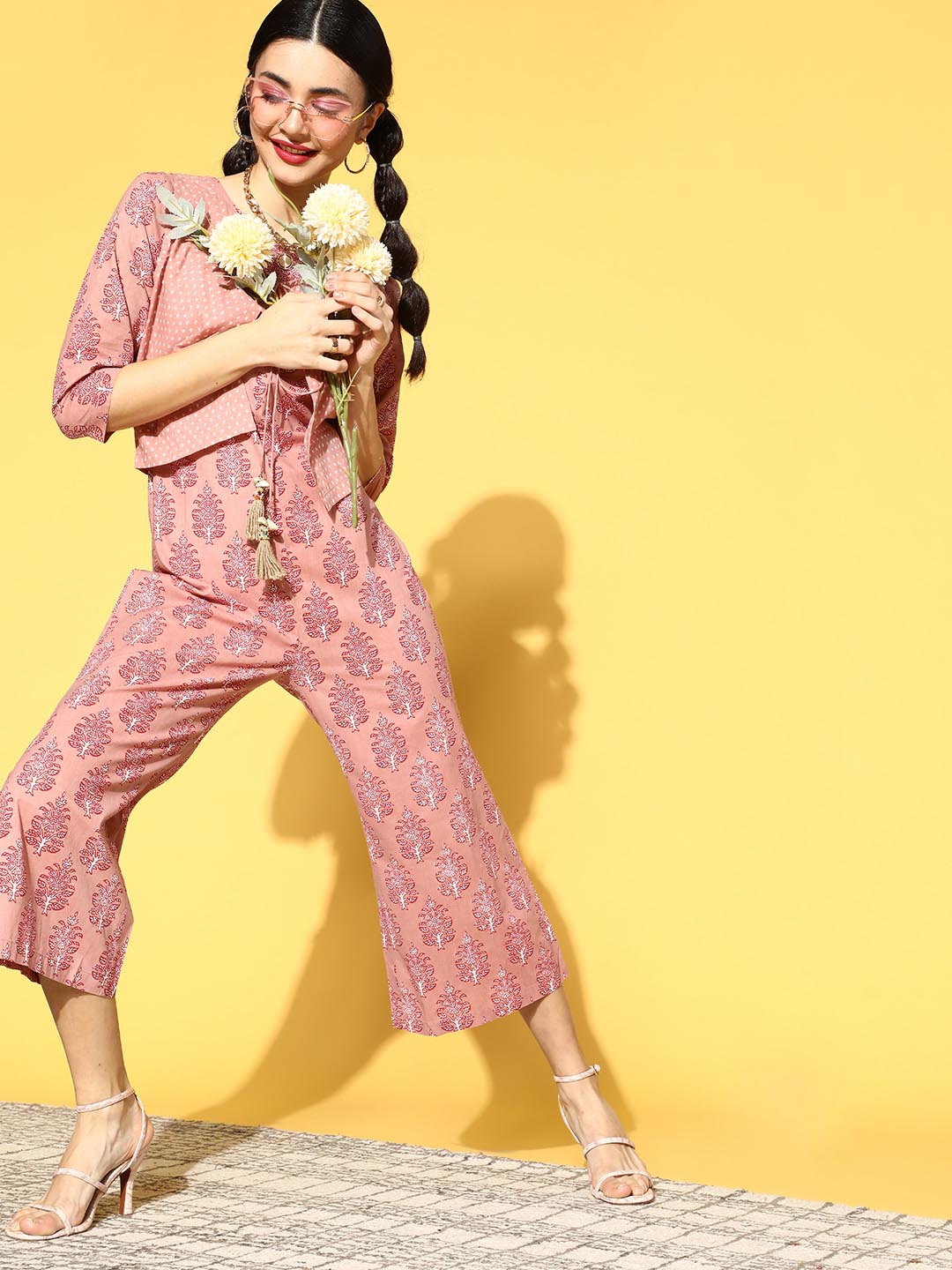 Buy Yellow Satin Square Neck Printed Jumpsuit With Jacket For Women by Soup  by Sougat Paul Online at Aza Fashions.