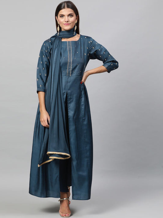 Women Navy Blue Yoke Design Kurta with Trousers Dupatta