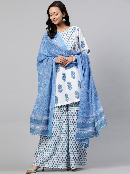 Women White Blue Printed Kurti with Palazzos Dupatta