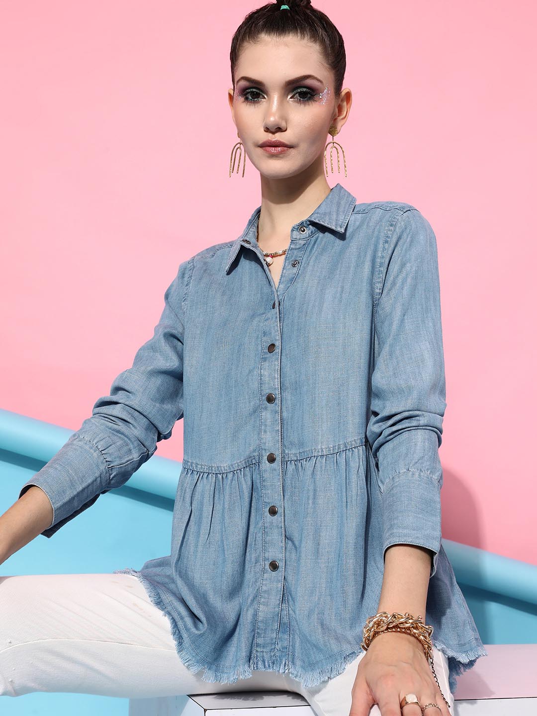 3/4 Sleeve Blue Ladies Long Denim Shirts at Rs 500/piece in New Delhi | ID:  20272018688