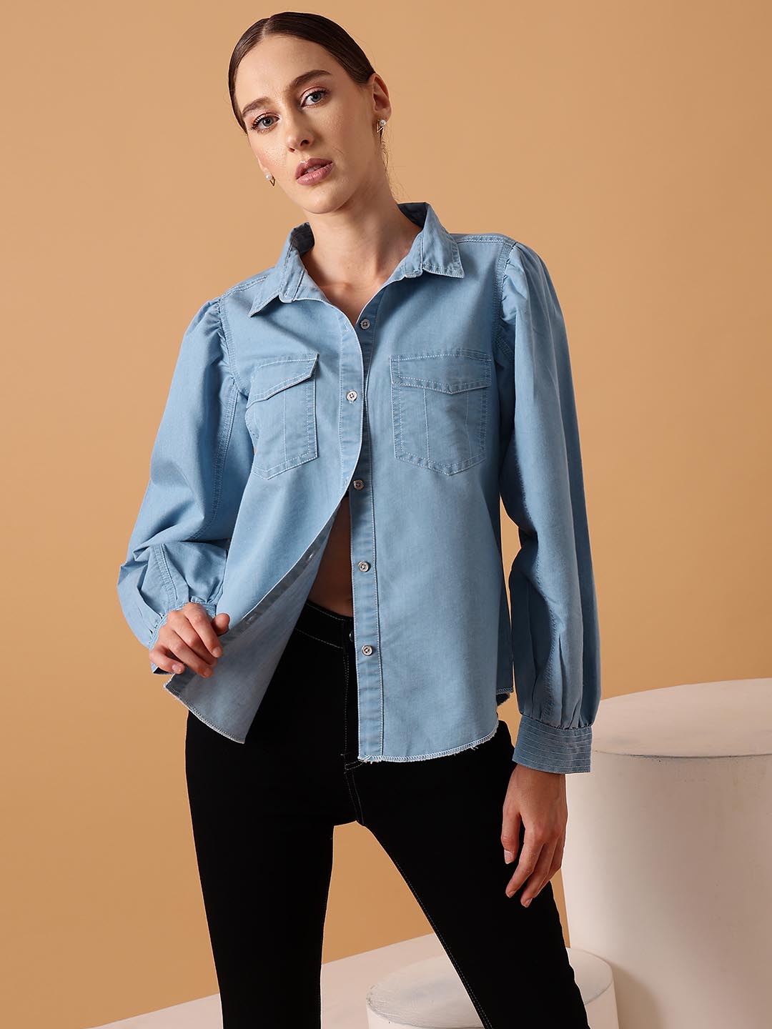 Buy online Blue Denim Shirt from western wear for Women by Sanjay Garments  for ₹699 at 13% off | 2024 Limeroad.com
